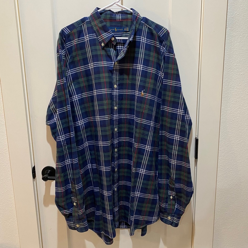 Ralph Lauren Mens XLT Plaid Button Down Shirt Navy Blue Green Long Sleeve Tall